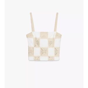 Zara Cream and Tan Fitted Crochet Crop Tank Top